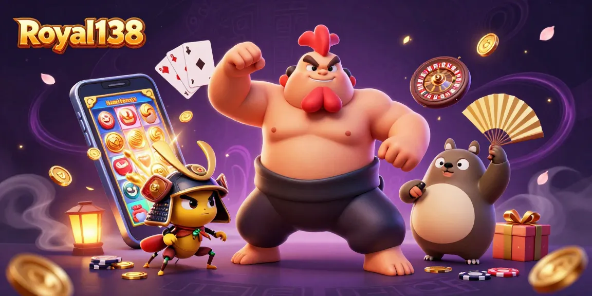 Royal138 menampilkan slot game dengan simbol keberuntungan dan karakter yang menarik dalam ilustrasi kasino.