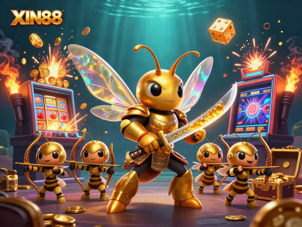 XIN88 promotes exciting jackpot gaming with a dynamic 3D scene of golden hornet warriors and vibrant casino elements.