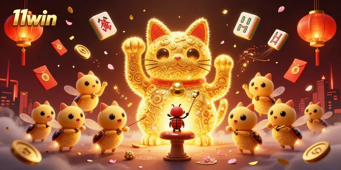 Engage with 11win's dynamic casino visuals featuring a golden lucky cat and vibrant symbols.