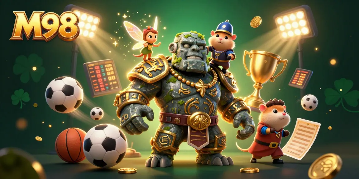 M98 sports betting excitement with a golem guardian, knight, and fairy amidst dynamic gaming elements.