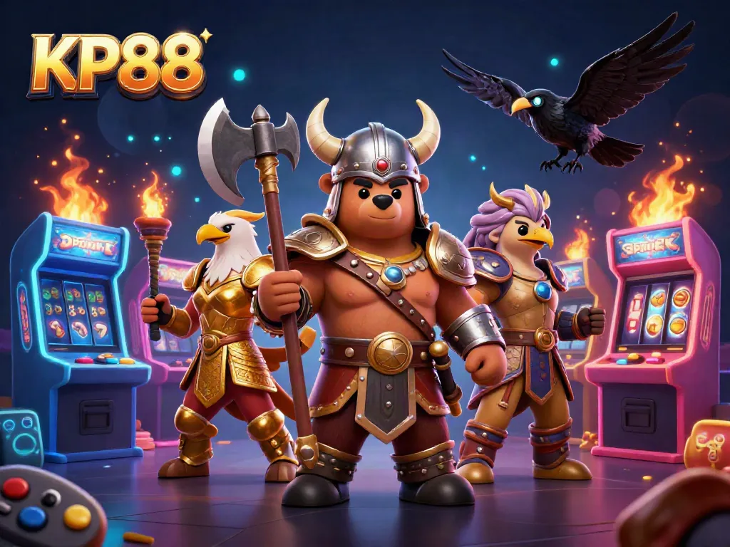 Engage in exciting KP88 casino games with a Viking berserker bear and Valkyrie eagle amidst dynamic slot machines.