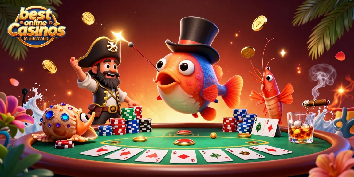 Experience the thrill at the best online casinos in Australia with vibrant characters and poker elements.
