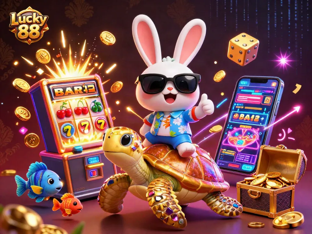 Spin to win with Lucky 88 as the cheerful rabbit celebrates jackpots in a vibrant casino scene.