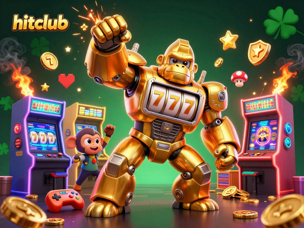 Hitclub's dynamic 3D illustration showcases a golden gorilla mech, slot machines, and gaming action.