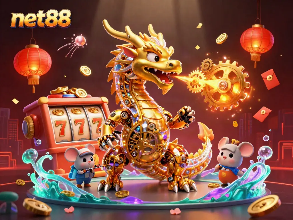 Experience the thrill of net88 casino with a golden dragon and dynamic slot elements in this vibrant illustration.