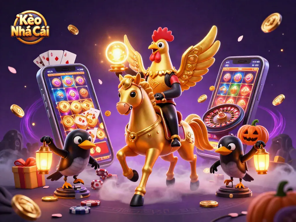 Kèo Nhà Cái showcases a golden rooster and mystical characters in an engaging casino scene, highlighting vibrant gaming elements.