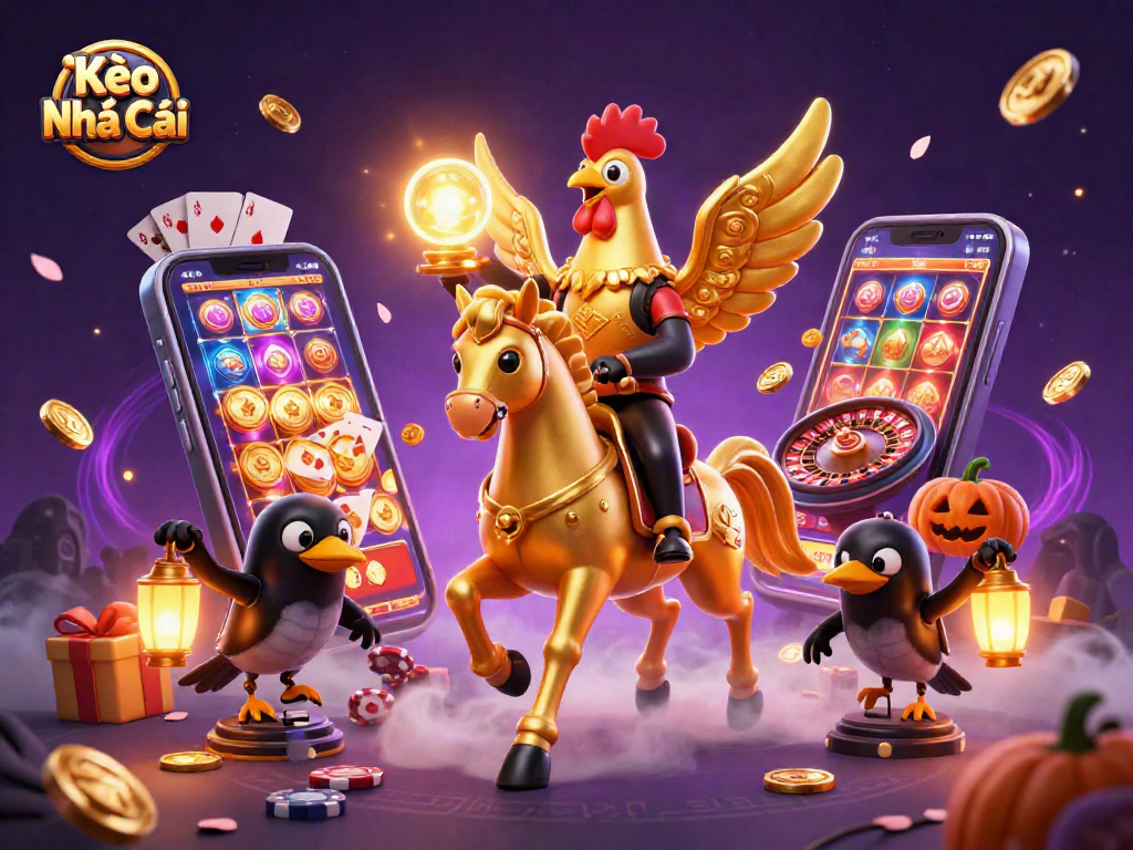 Kèo Nhà Cái showcases a golden rooster and mystical characters in an engaging casino scene, highlighting vibrant gaming elements.