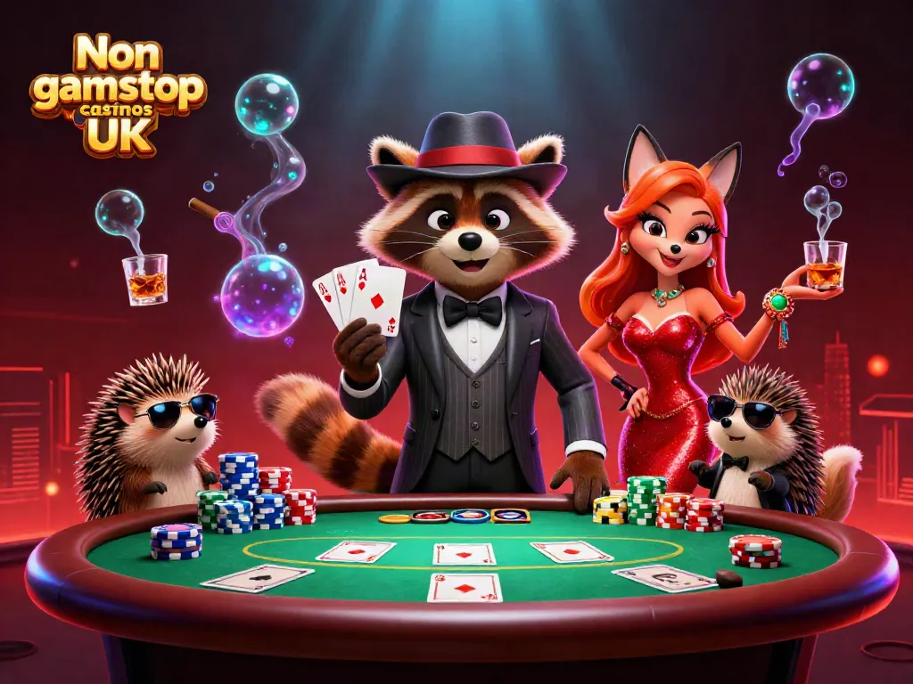 Join the excitement at Non gamstop casinos UK with a raccoon, fox, and hedgehog trio at a vibrant poker table.