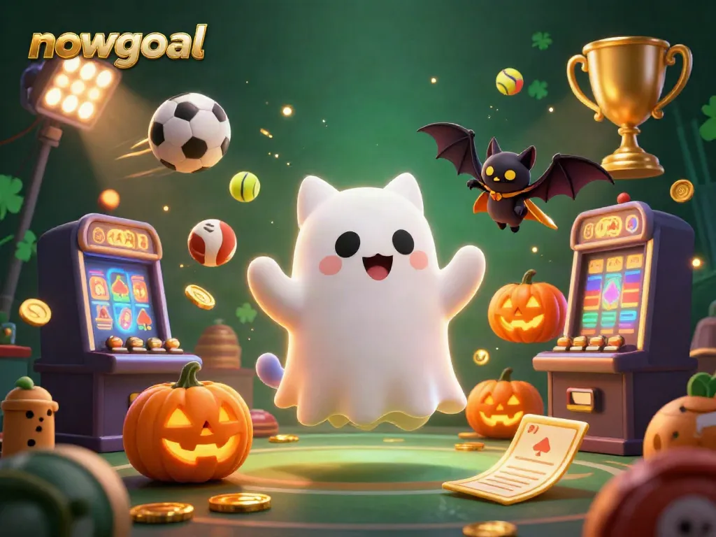 Capture the excitement of sports betting with nowgoal's colorful ghost cat and vibrant casino scene.