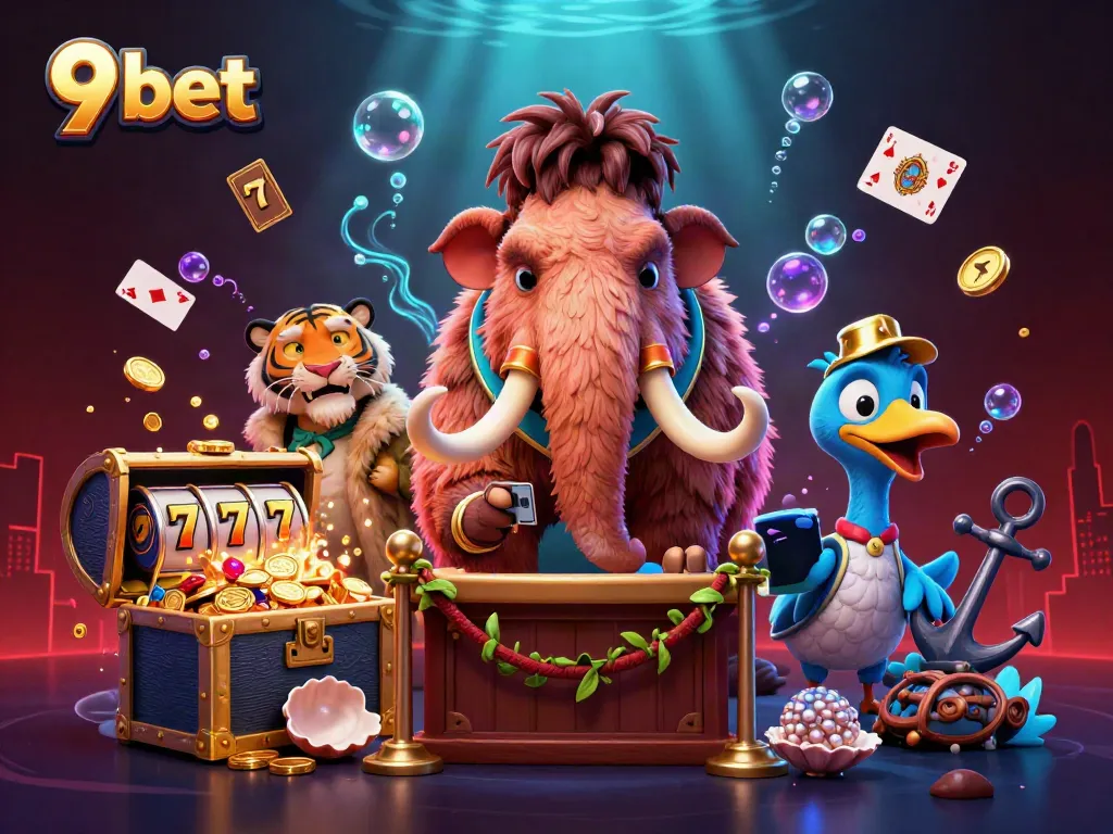 Experience the vibrant 9 bet casino scene with characters enjoying slot games and luxury.