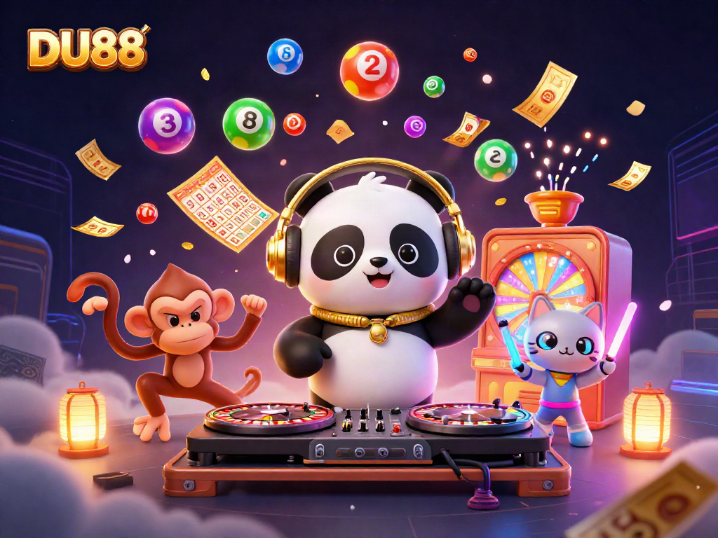 Experience vibrant gaming at DU88 with a lively illustration of a DJ panda, breakdancing monkey, and rave kitten.