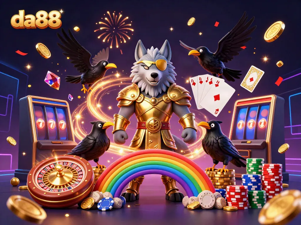 Experience thrilling wins at da88's dynamic casino with Odin and ravens amidst a vibrant celebration.