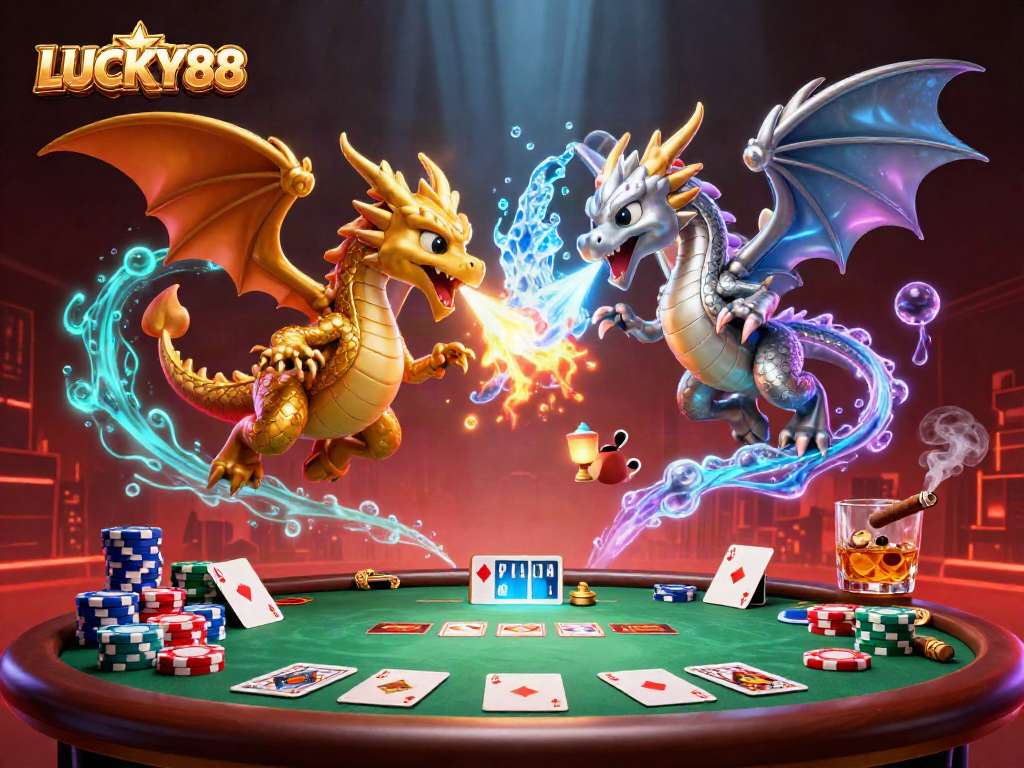 Experience the thrilling LUCKY88 atmosphere with dynamic casino elements, featuring dragons and poker.
