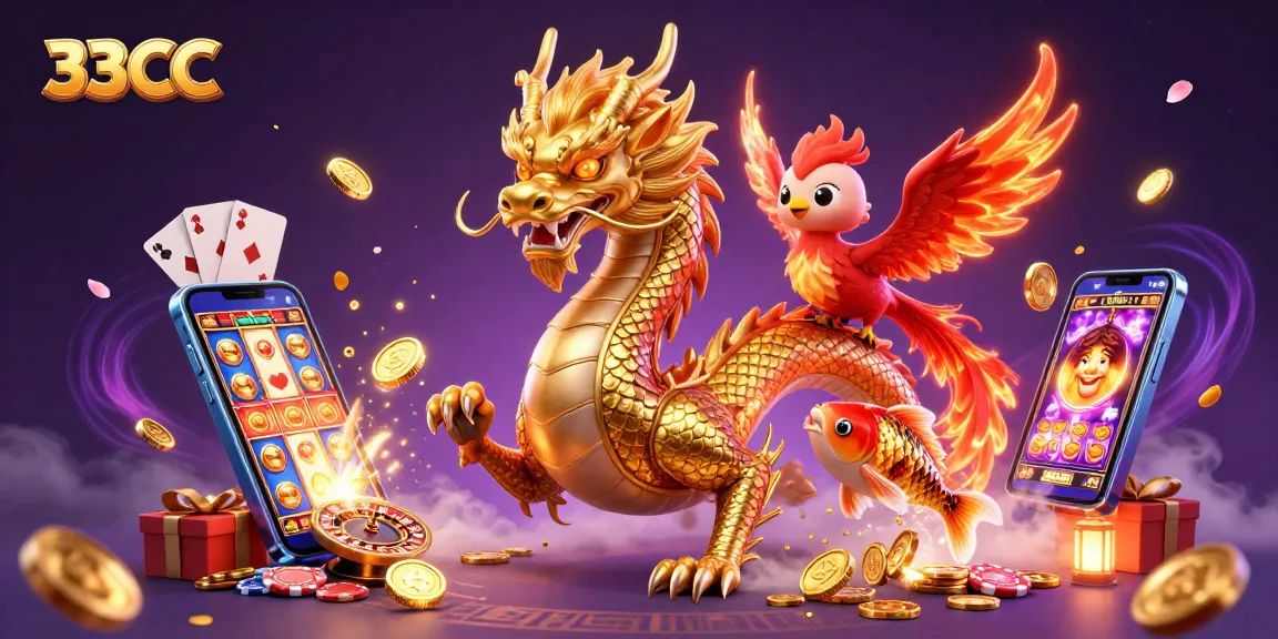 Win big at 33CC with a golden dragon, phoenix, and koi fish amidst coins and slot games.
