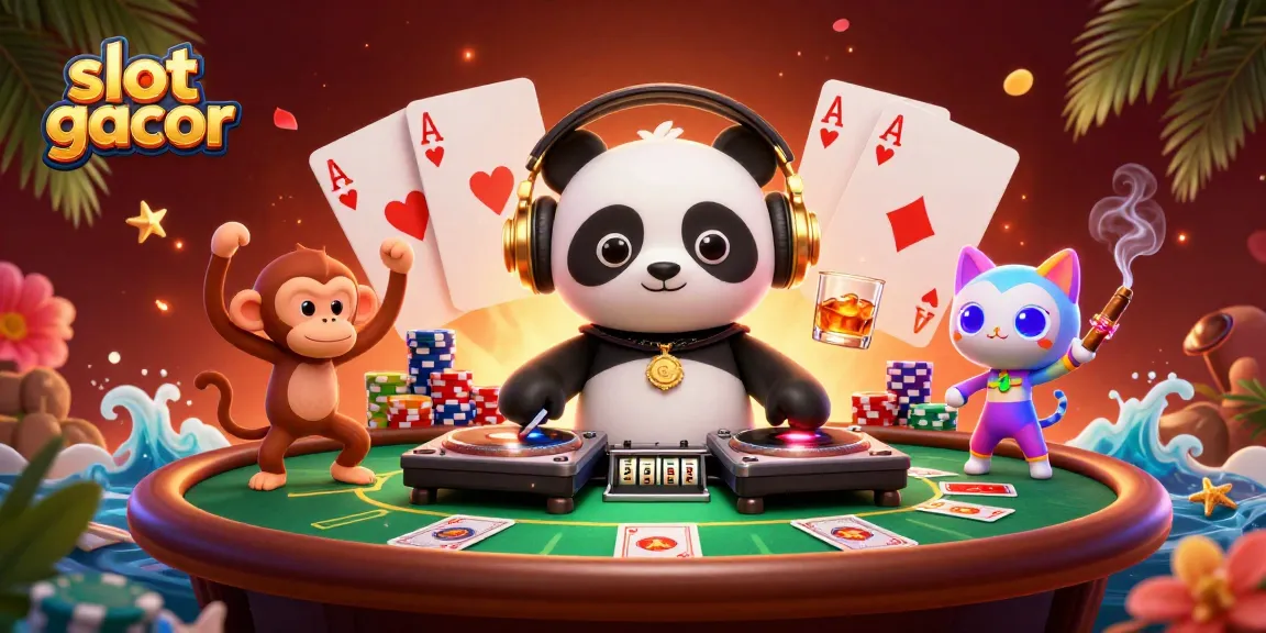 Experience the thrill of slot gacor with a DJ panda, dancing monkey, and glowing kitten in an exciting casino scene.