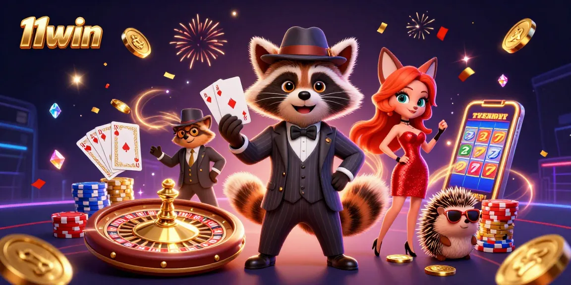Experience thrilling gameplay with 11win's casino adventures featuring a raccoon with a royal flush.