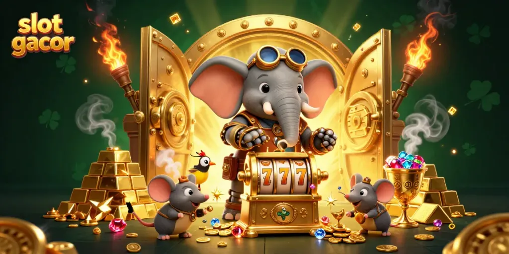 Win big at slot gacor with a 3D cartoon illustration of a steampunk elephant and golden slot machine.