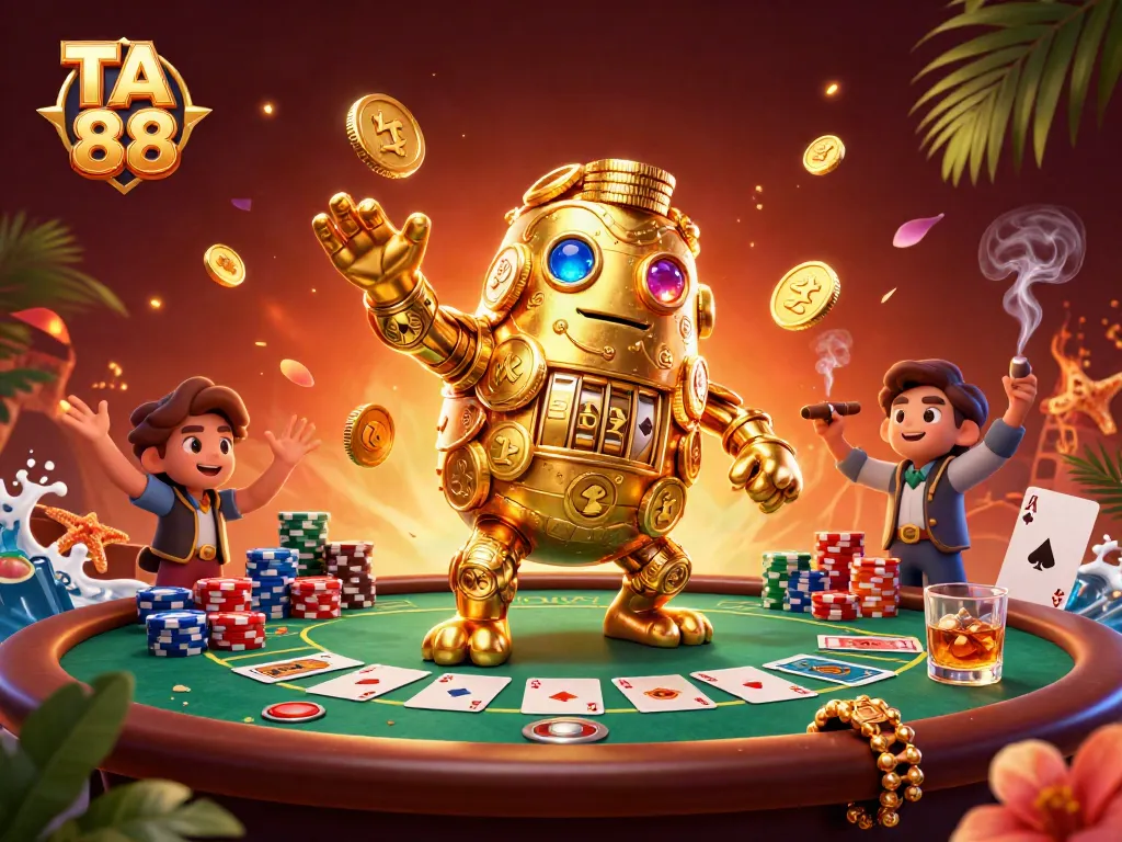 Experience thrilling gameplay with TA 88's golden golem amidst vibrant poker elements.
