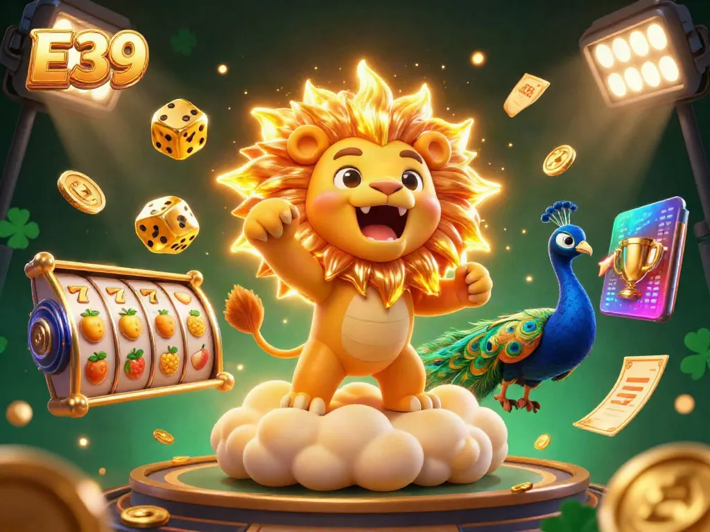 Experience the thrill of E39 with a vibrant 3D casino scene featuring a roaring sun lion and golden gaming elements.