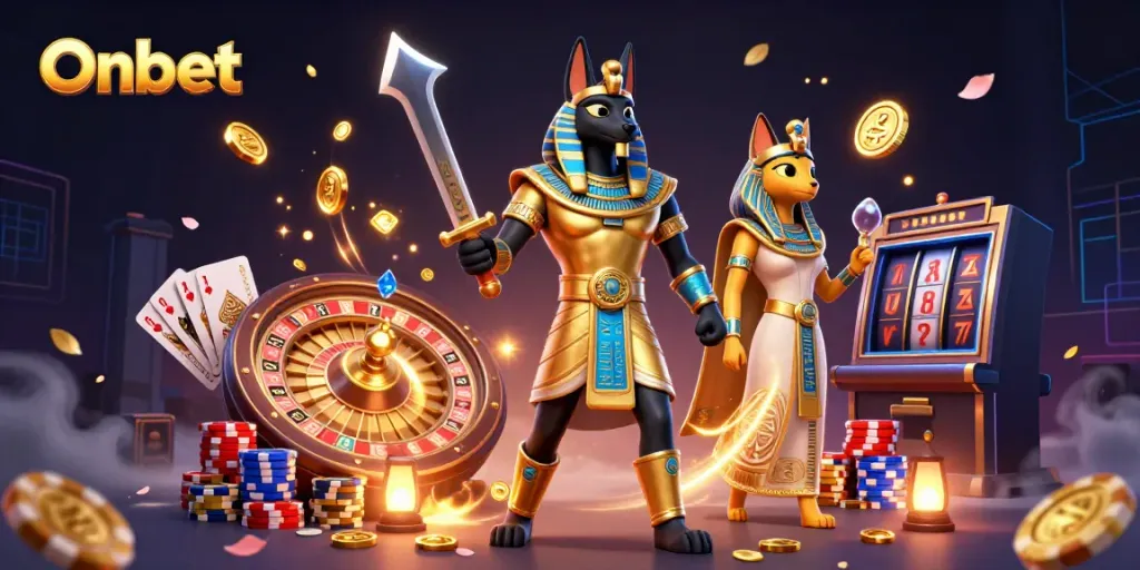 Engage with the Onbet experience featuring Anubis and Bastet amidst casino elements