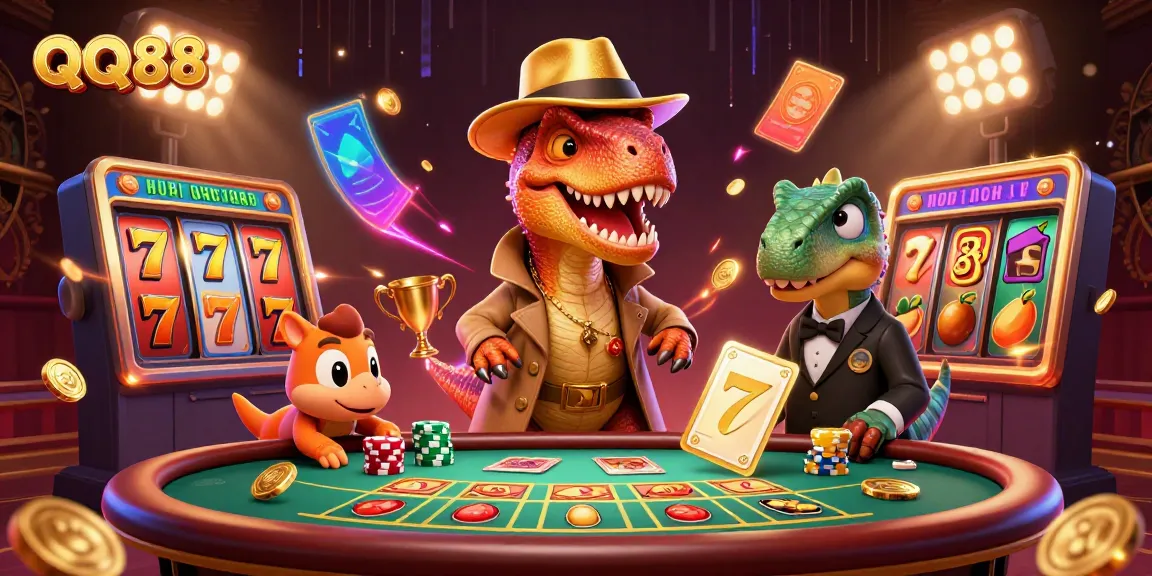 Engaging QQ88 gaming scene with a velociraptor card counter, adding to the thrill of the casino experience.