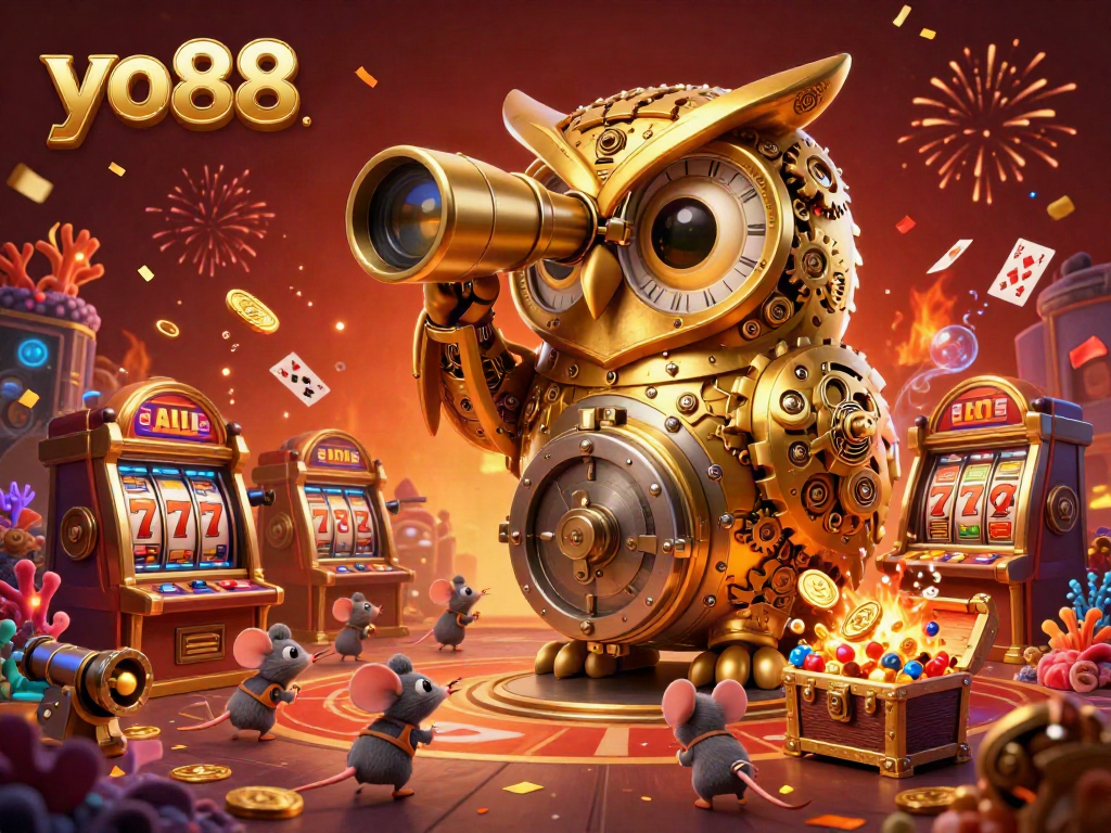Experience the thrill at yo88 with a whimsical scene showcasing a golden owl amidst a bustling casino floor.