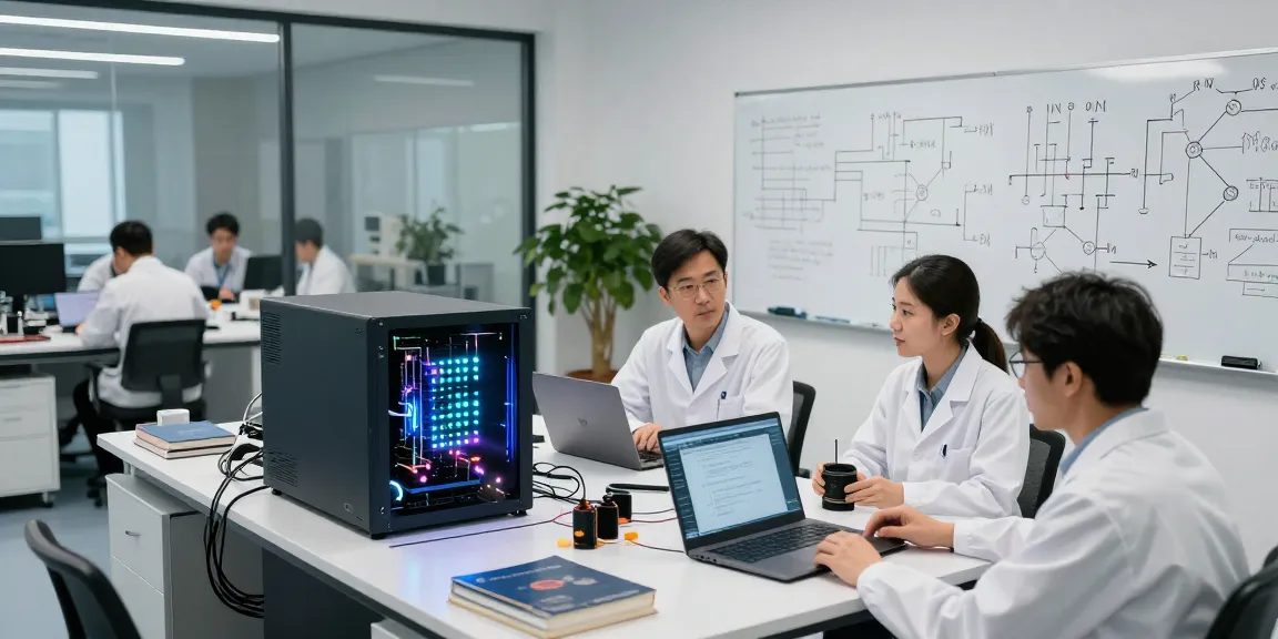 Innovative quantum computing lab scene with researchers discussing algorithms and advanced quantum computers.