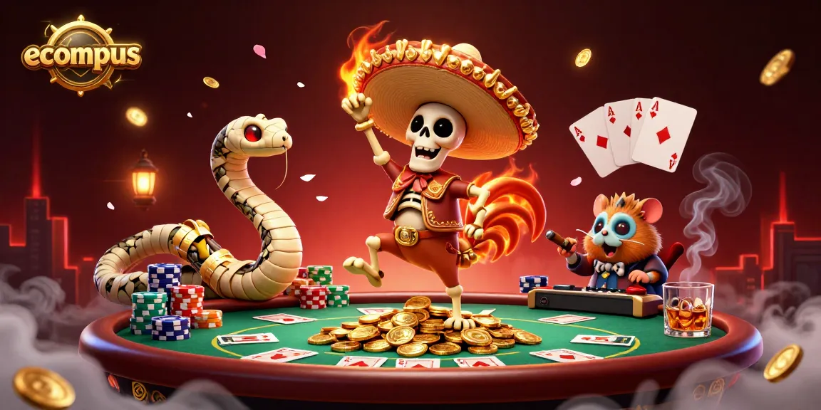 ecompus showcases a vibrant 3D scene of a skeleton mariachi rooster dancing with casino elements.