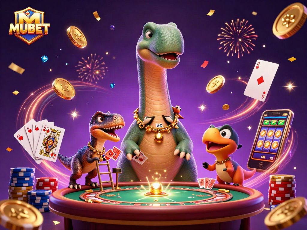 MUBET provides a vibrant casino experience with a giant brontosaurus and clever raptor dealing cards.