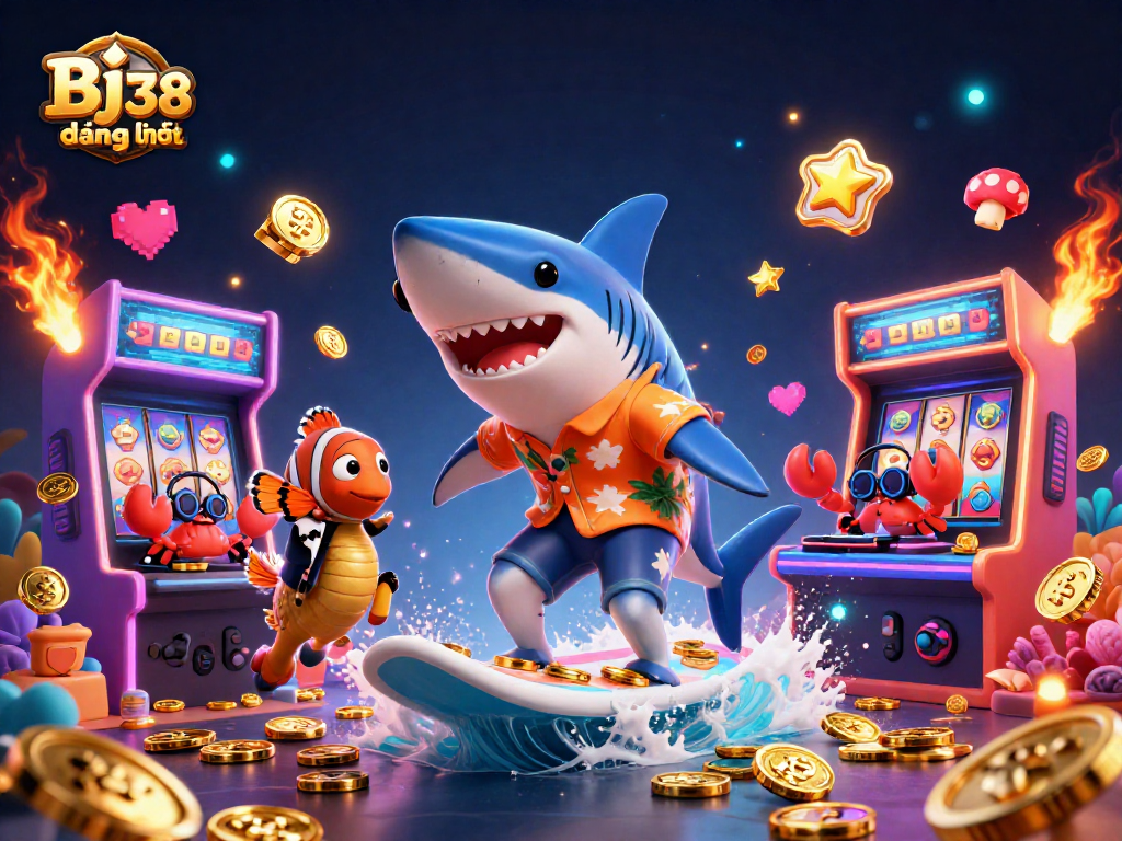 Engage with Bj 38 đăng nhập while experiencing a vibrant 3D cartoon scene blending casino and gaming elements.