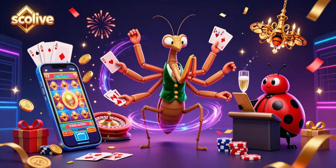 Socolive showcases a vibrant casino scene with a cartoon mantis dealer and lively gaming elements.