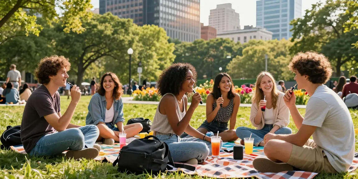Group of friends enjoying weed vapes in a vibrant urban park