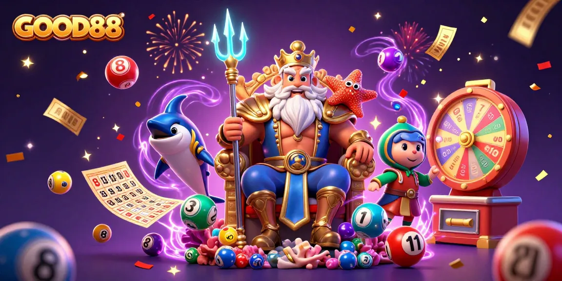Engage with the excitement of GOOD88 as Neptune presides over vibrant lottery elements and celebration fireworks.