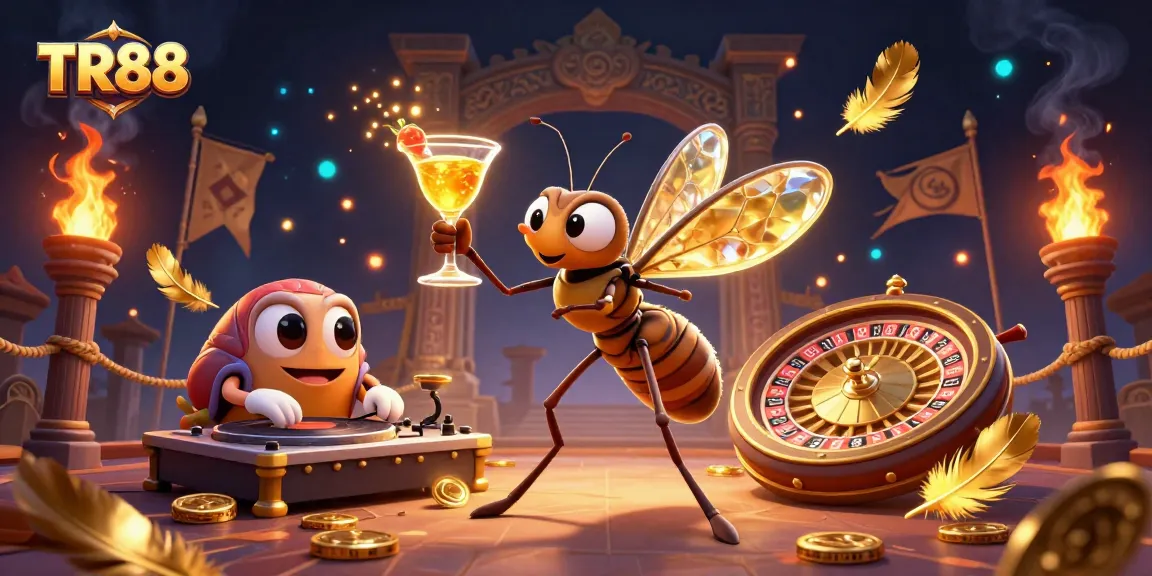 Engage with TR88 casino adventures in a vibrant 3D illustration featuring exciting characters and dynamic gambling elements.