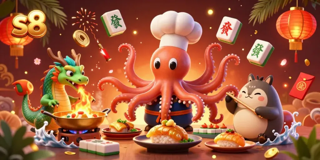 Experience thrilling gameplay with s8 as a cartoon octopus chef serves golden dishes in a colorful casino setting.