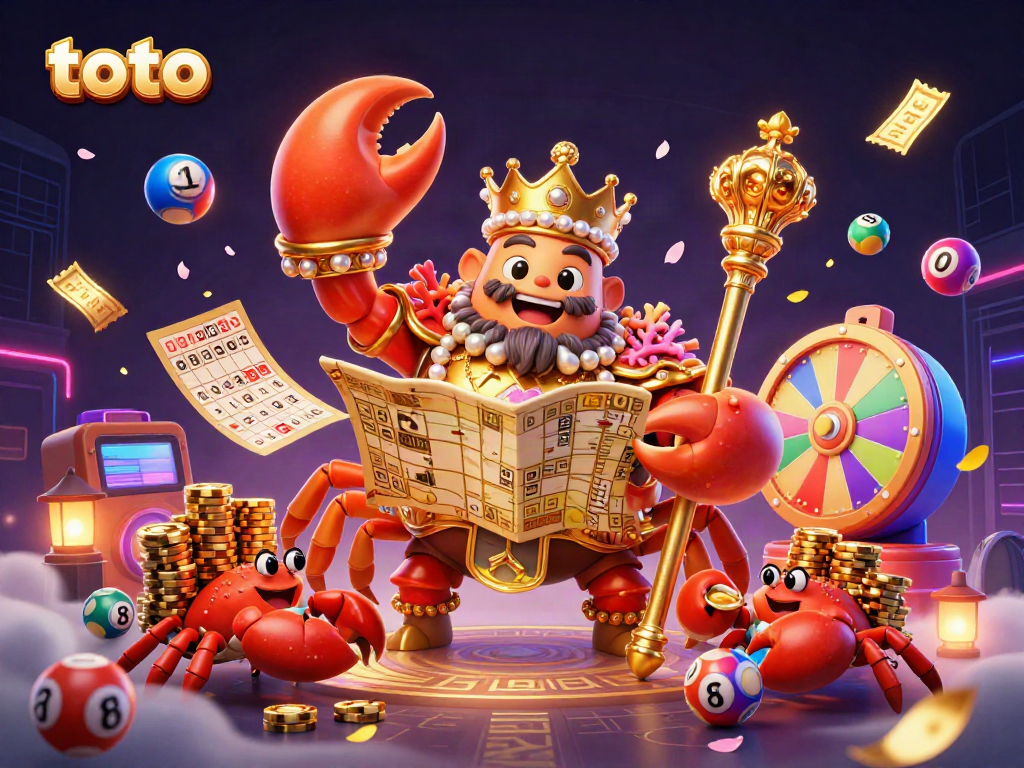Engage in thrilling lotto games with the vibrant scene featuring colorful lottery elements and the golden crab emperor.