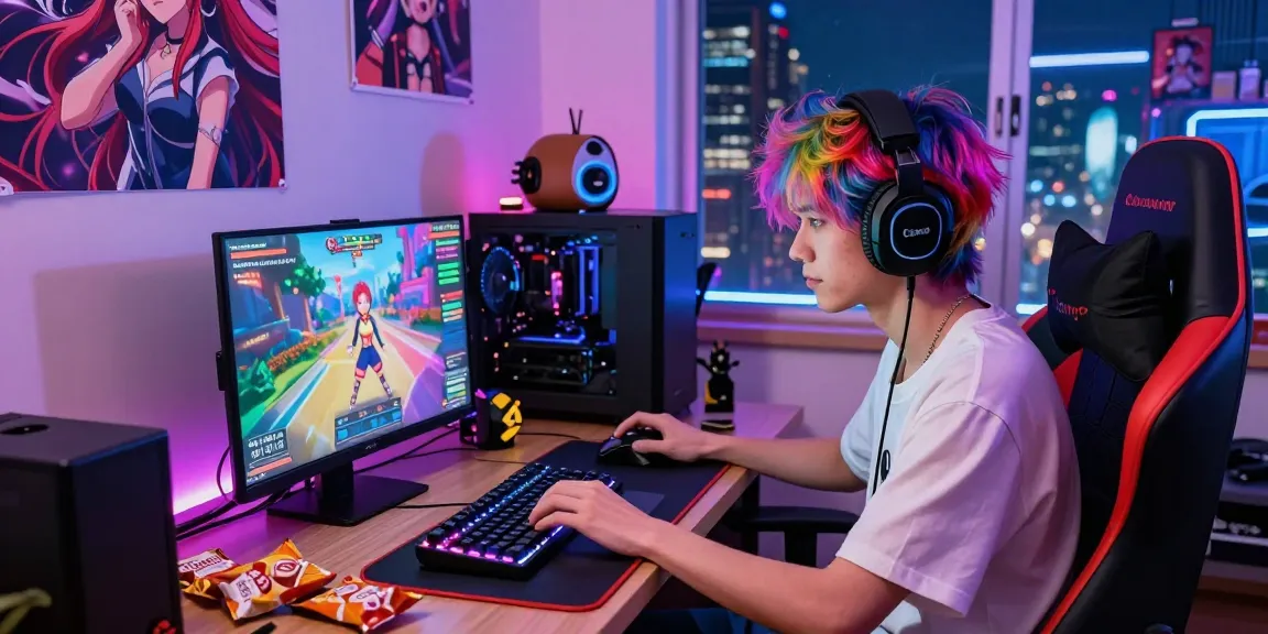 Engaging player immersed in a sissy hentai game with colorful decor and gaming setup.