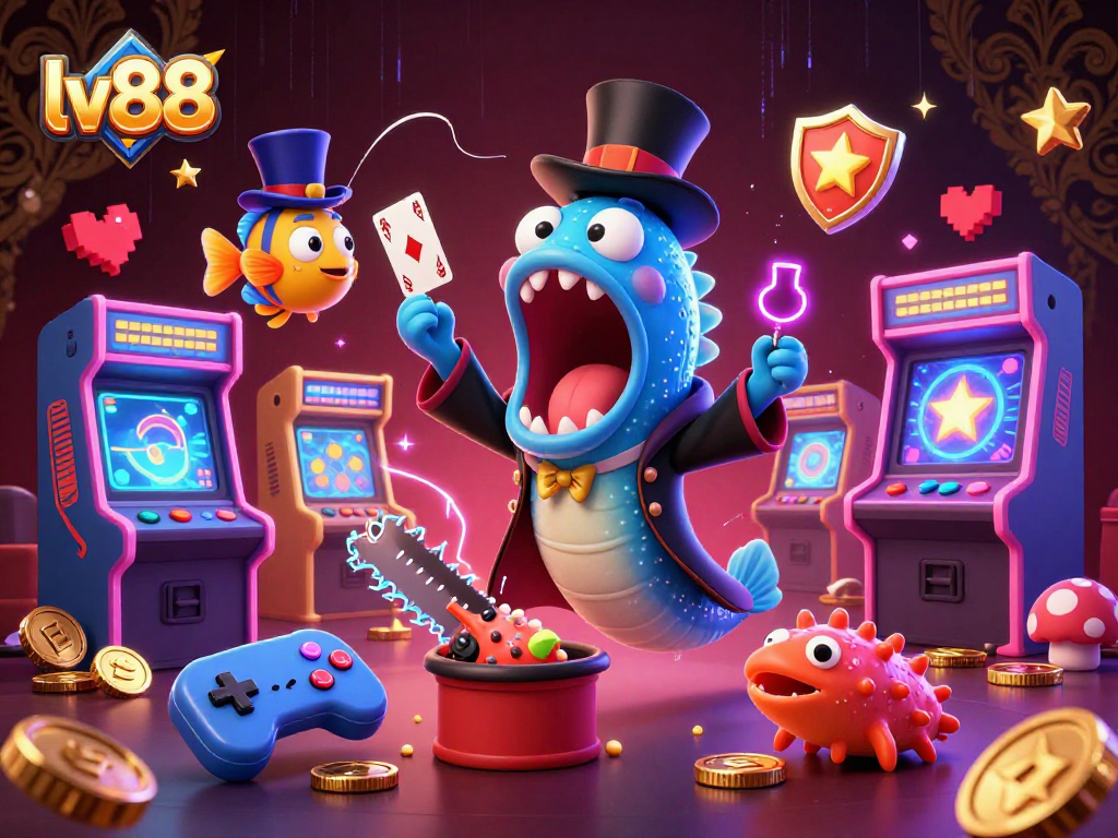 Experience the thrill at lv88 casino as a bioluminescent gulper eel performs magical card tricks amidst vibrant games.