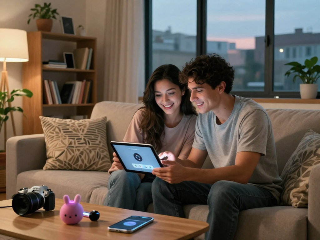 Couple exploring AI sex app on tablet in cozy living room.