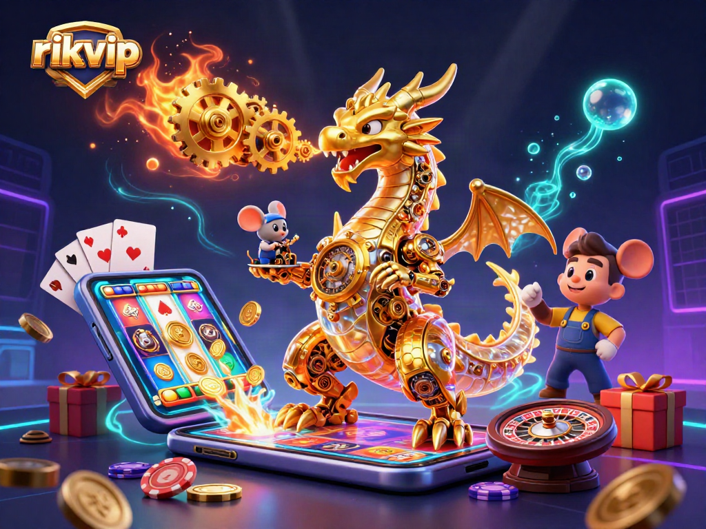Play engaging games at rikvip with dynamic 3D artwork showcasing thrilling casino elements.
