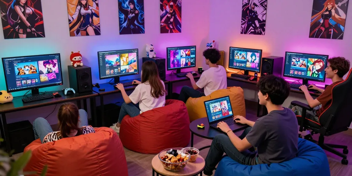 Engaging gaming scene showcasing friends enjoying a hentai game online with multiple devices in a vibrant room.