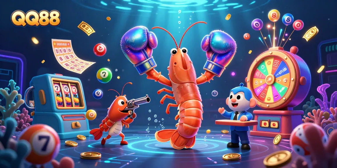 Experience QQ88's thrilling jackpots with vibrant casino action in an aquatic 3D illustration.