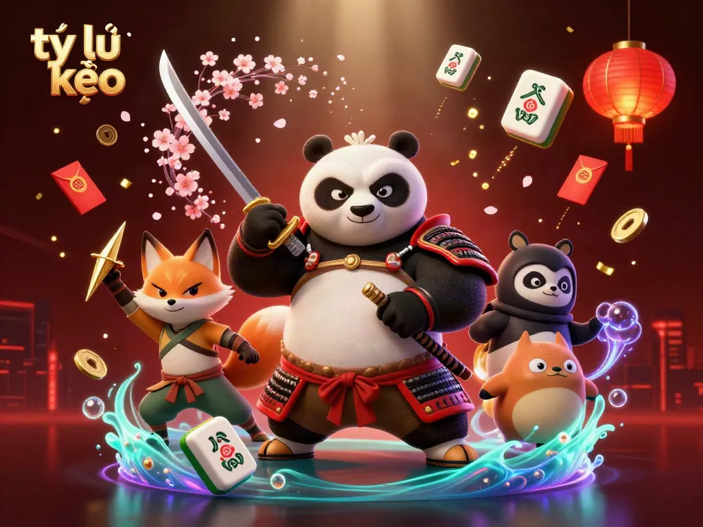 Capture dynamic action of tỷ lệ kèo with samurai panda and ninja fox amidst sparkling gambling elements.