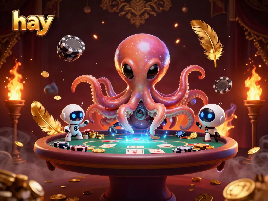 Navigate thrilling poker games with the energetic alien octopus and robot companion bringing excitement to the table with hay-themed chips.