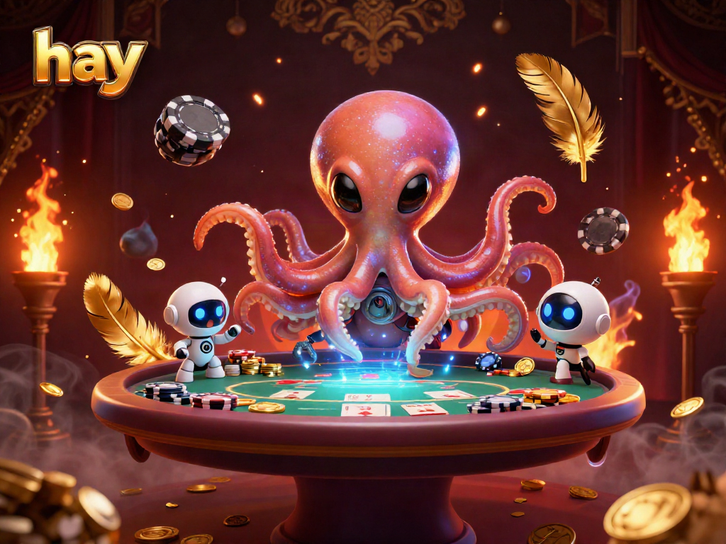 Navigate thrilling poker games with the energetic alien octopus and robot companion bringing excitement to the table with hay-themed chips.