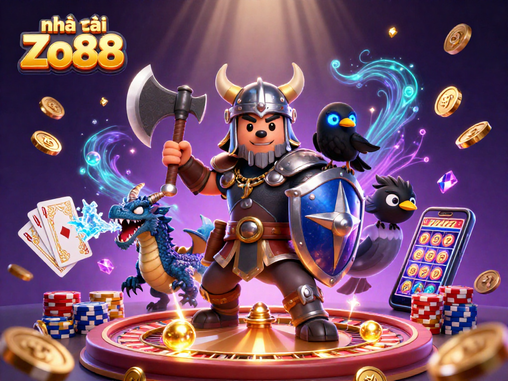 Engage with nhà cái Zo88 through thrilling 3D illustration showcasing exciting gaming adventures.