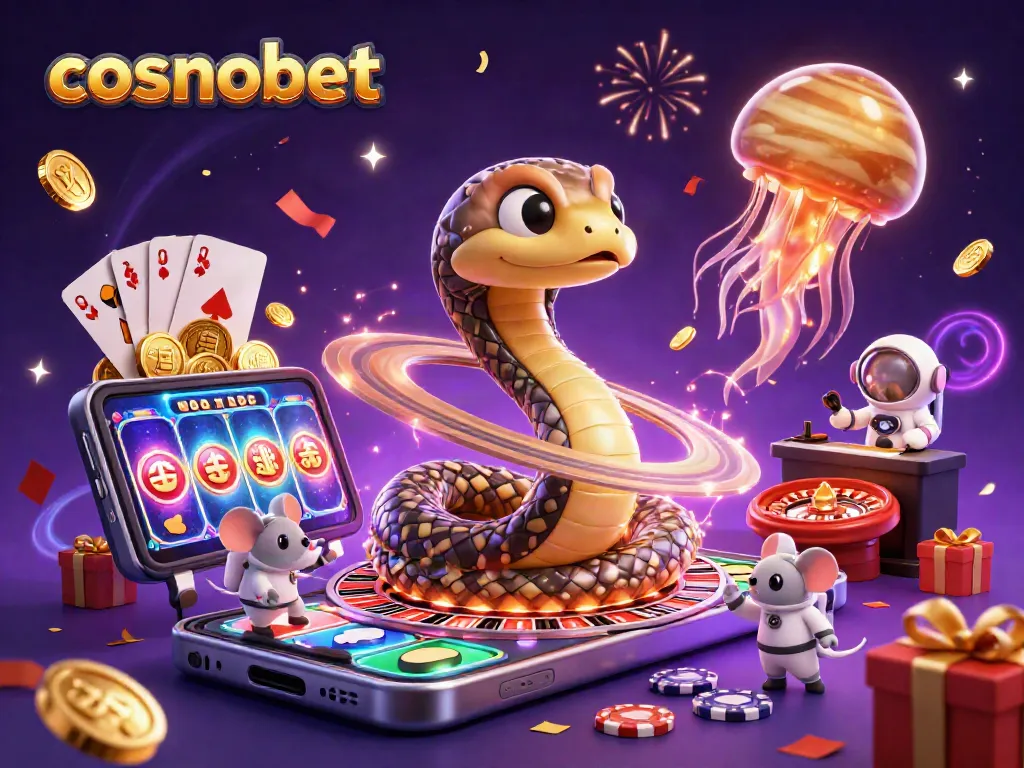 Join in the excitement at cosmobet with a vibrant cosmic casino illustration featuring unique characters.
