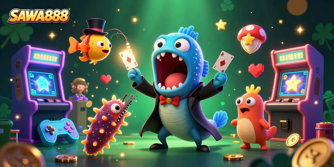 SAWA888 brings excitement with a colorful scene featuring magical deep-sea characters performing tricks in a vibrant casino setting.