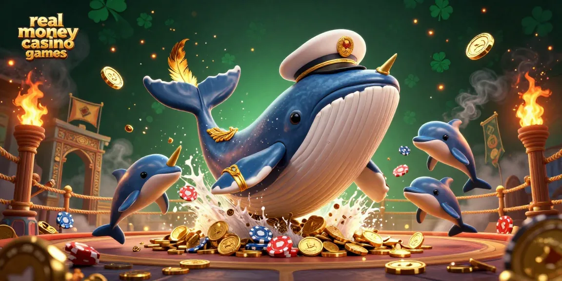 Experience thrilling real money casino games with a whale, narwhal, and dolphins amidst vibrant casino elements.