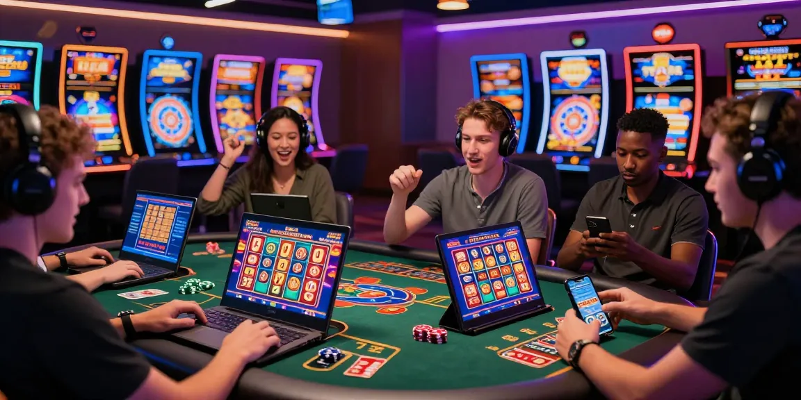 Engaged players enjoying australian online casinos on their devices in a vibrant casino atmosphere.